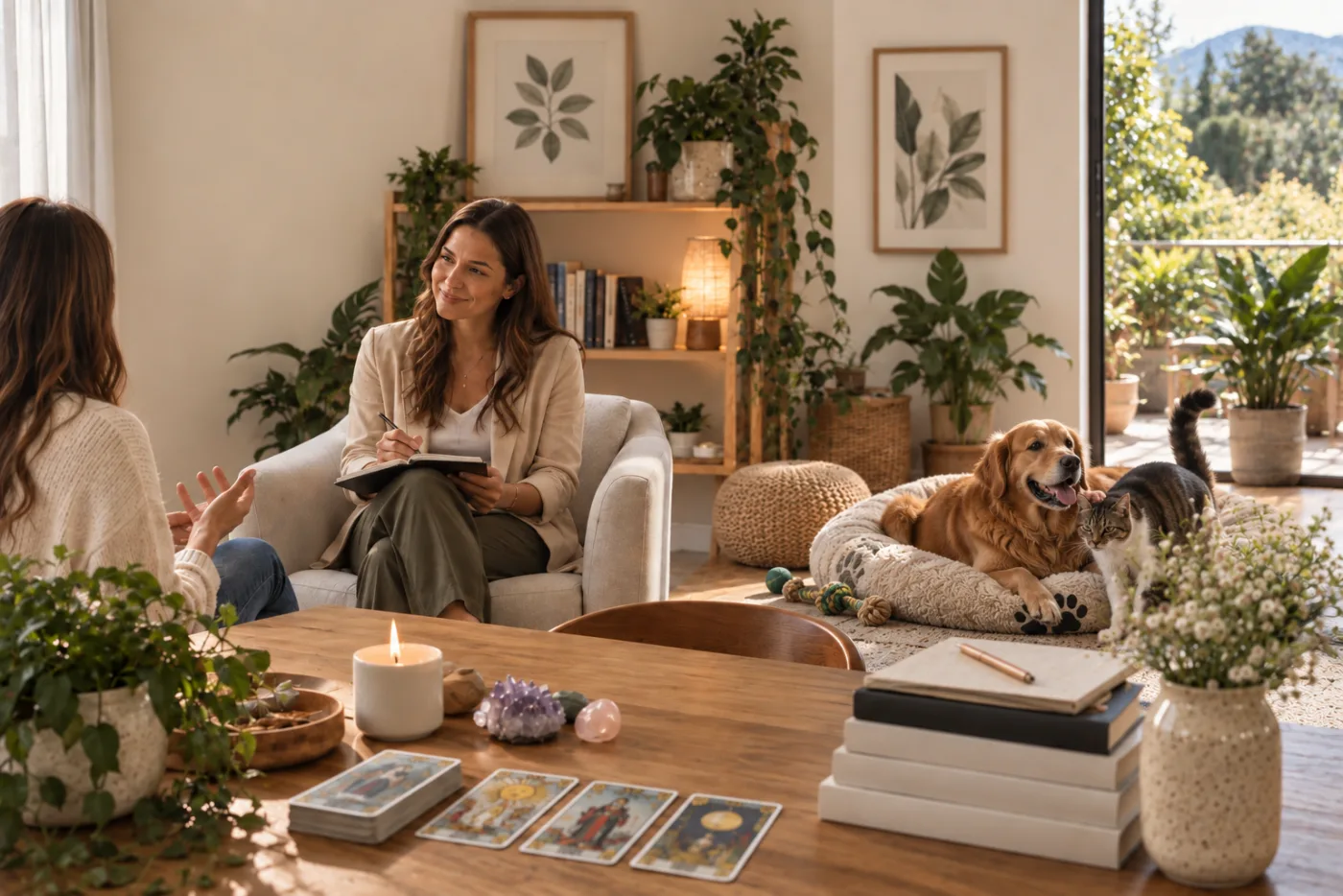 Sessão de acompanhamento num ambiente acolhedor, com um cão e um gato a descansar junto às pessoas